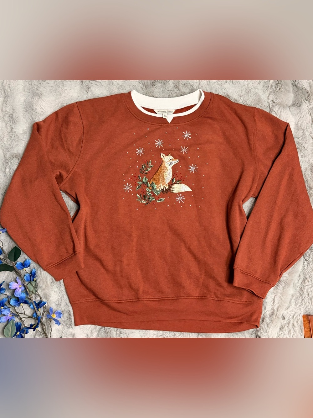 Heritage Charm XL Rust Fox Embroidered Sweatshirt Snowflake Rhinestone